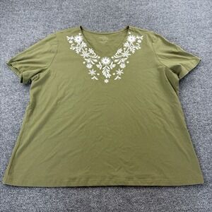 Coral Bay Woman 2X Olive Embroidered Floral V Neck Tee Plus Size